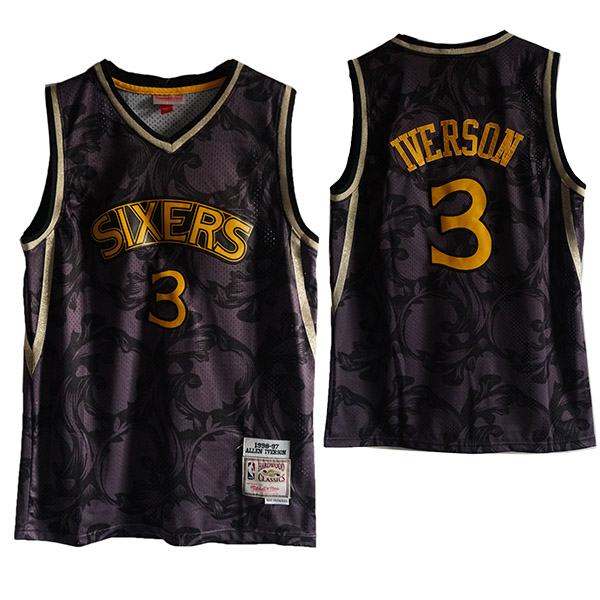 Men's NBA 76ers Sixers Allen Iverson 3 The Answer Purple Gold