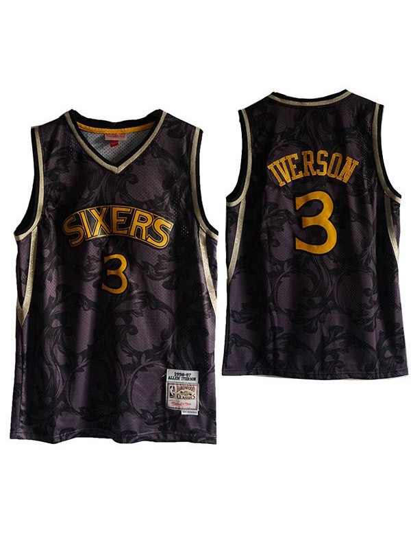 Men's NBA 76ers Sixers Allen Iverson 3 The Answer Purple Gold Basketball  Edition Jersey 2020