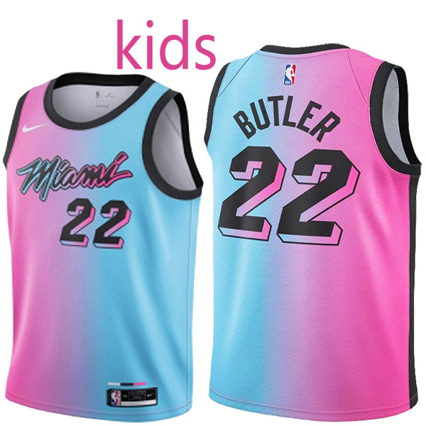 Miami Heat Jimmy Butler 22 kids city edition swingman jersey youth uniform children pink blue basketball limited vest