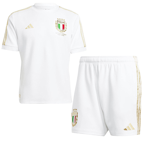 Italy 125th anniversary kids jersey soccer kit children white football mini shirt youth uniforms 2023