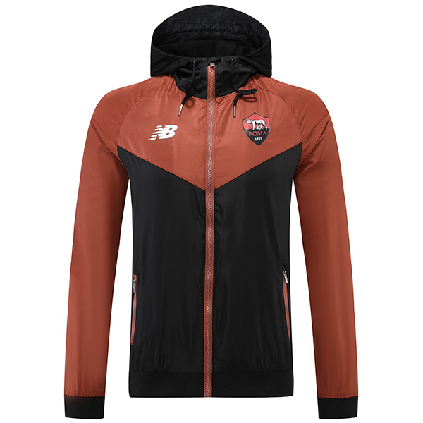 AS Roma windbreaker hoodie jacket black red football sportswear tracksuit full zipper men's training kit outdoor soccer 2022-2023