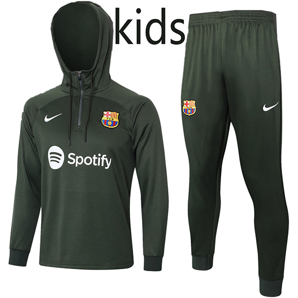 Barcelona hoodie jacket kids kit football sportswear tracksuit half zipper youth training army green uniform outdoor children soccer coat 2024