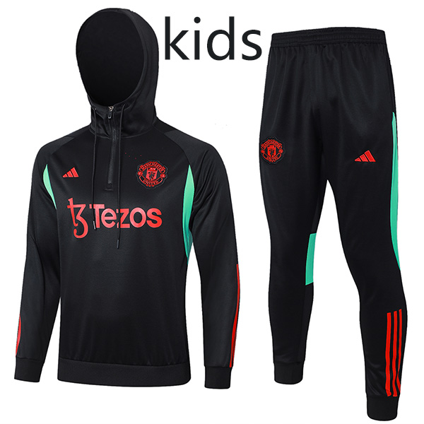 Manchester united hoodie jacket kids kit black football sportswear tracksuit half zipper youth training uniform outdoor children soccer coat 2023-2024