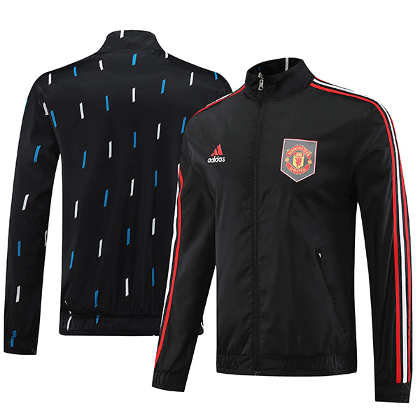 Manchester united windbreaker double sided jacket football sportswear tracksuit full zipper men's training kit black navy outdoor soccer coat 2023-2024
