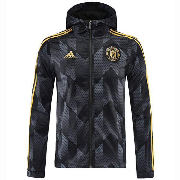 Manchester united windbreaker hoodie jacket football sportswear tracksuit full zipper men's training black kit 2022-2023