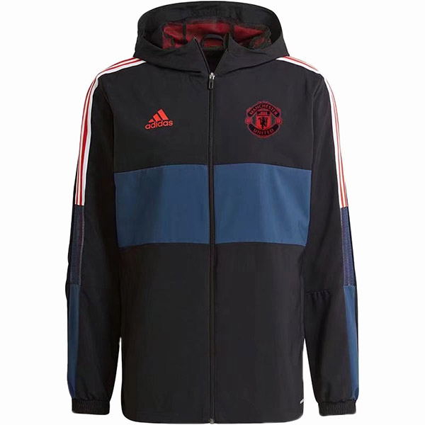Manchester united windbreaker hoodie jacket football sportswear tracksuit full zipper men's training black kit athletic outdoor soccer coat 2022-2023