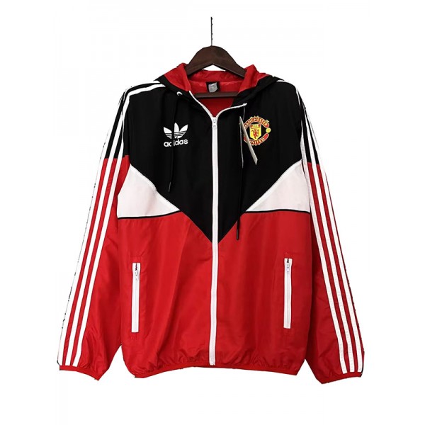 Manchester united windbreaker hoodie jacket football sportswear tracksuit full zipper men's training red black kit outdoor soccer coat 2023-2024