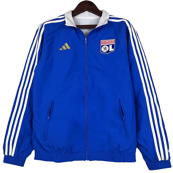 Olympique Lyon windbreaker hoodie jacket double sides football sportswear tracksuit full zipper men's training blue white kit outdoor soccer coat 2023-2024