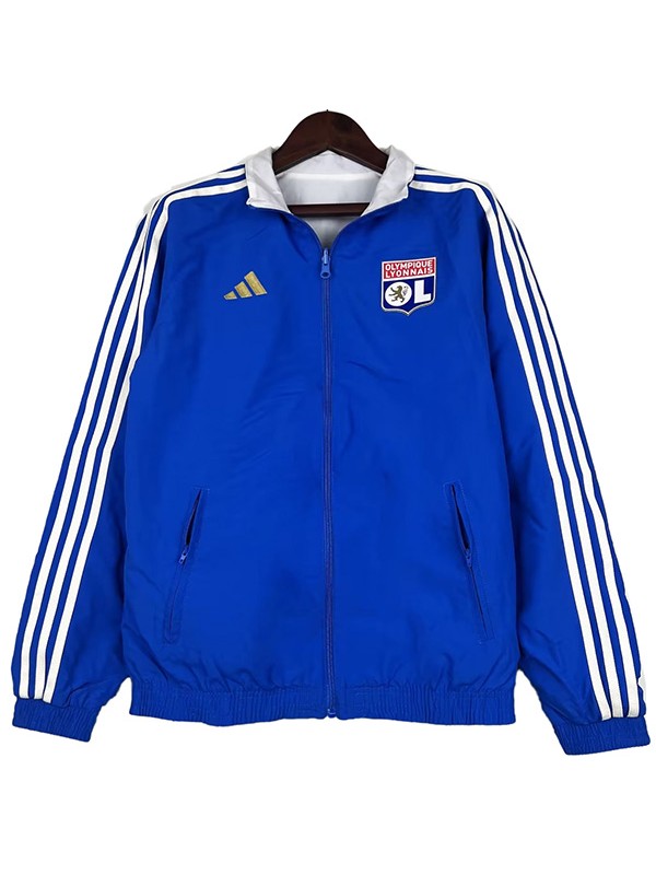 Olympique Lyon windbreaker hoodie jacket double sides football sportswear tracksuit full zipper men's training blue white kit outdoor soccer coat 2023-2024
