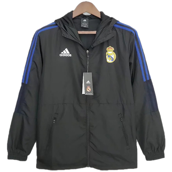 Real madrid windbreaker hoodie jacket football sportswear tracksuit full zipper men's training black kit athletic outdoor soccer coat 2022-2023