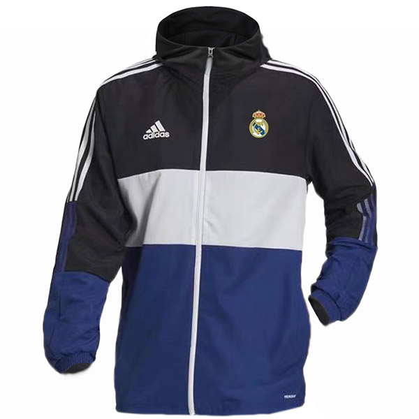 Real madrid windbreaker hoodie jacket football sportswear tracksuit full zipper men's training blue kit athletic outdoor soccer coat 2022-2023