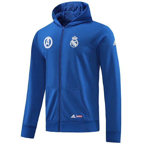 Real madrid windbreaker hoodie jacket football sportswear tracksuit full zipper men's training blue kit outdoor soccer coat 2022-2023