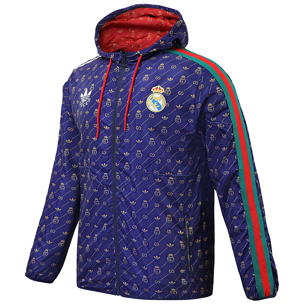 Real madrid windbreaker hoodie jacket football sportswear tracksuit zipper men's navy red training kit outdoor soccer coat 2023-2024