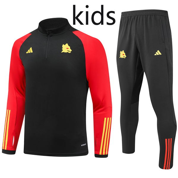 AS roma tracksuit kids kit soccer pants suit sports set half zip necked cleats youth uniform children black red football mini training kit 2023-2024