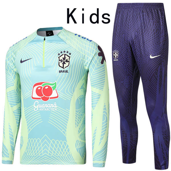 Brazil tracksuit kids kit cyan soccer pants suit sports set zipper necked cleats youth uniform children football mini training kit 2022