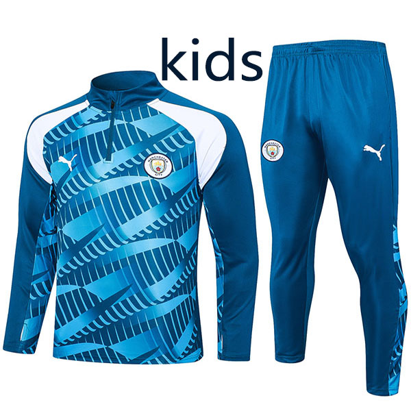 Manchester city tracksuit kids kit soccer suit sports set zipper necked cleats youth uniform children blue football mini training kit 2023-2024