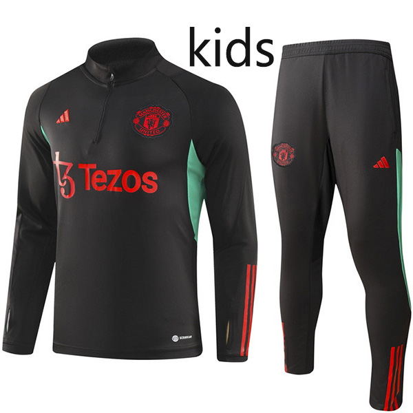 Manchester united tracksuit kids kit black soccer pants suit sports set zipper necked cleats youth uniform children football mini training kit 2023-2024