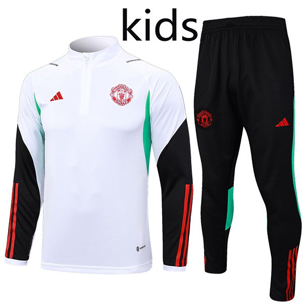 Manchester united tracksuit kids kit soccer pants suit sports set half zip necked cleats youth white black uniform children football mini training kit 2023-2024