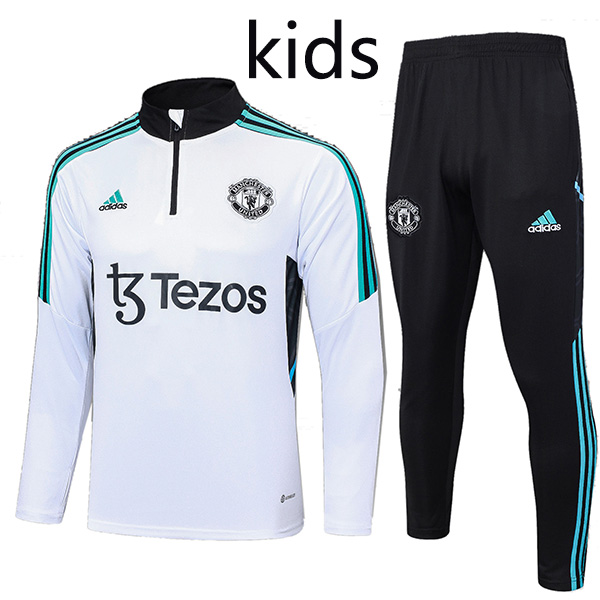 Manchester united tracksuit kids kit soccer pants suit sports set half zip necked cleats youth white uniform children football mini training kit 2023-2024