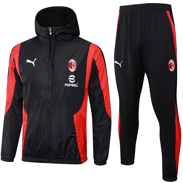 AC milan windbreaker hoodie jacket football sportswear tracksuit full zipper-neck black red suit men's training track top kit outdoor soccer coat 2024-2025