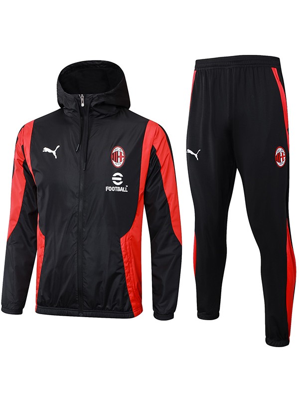 AC milan windbreaker hoodie jacket football sportswear tracksuit full zipper-neck black red suit men's training track top kit outdoor soccer coat 2024-2025